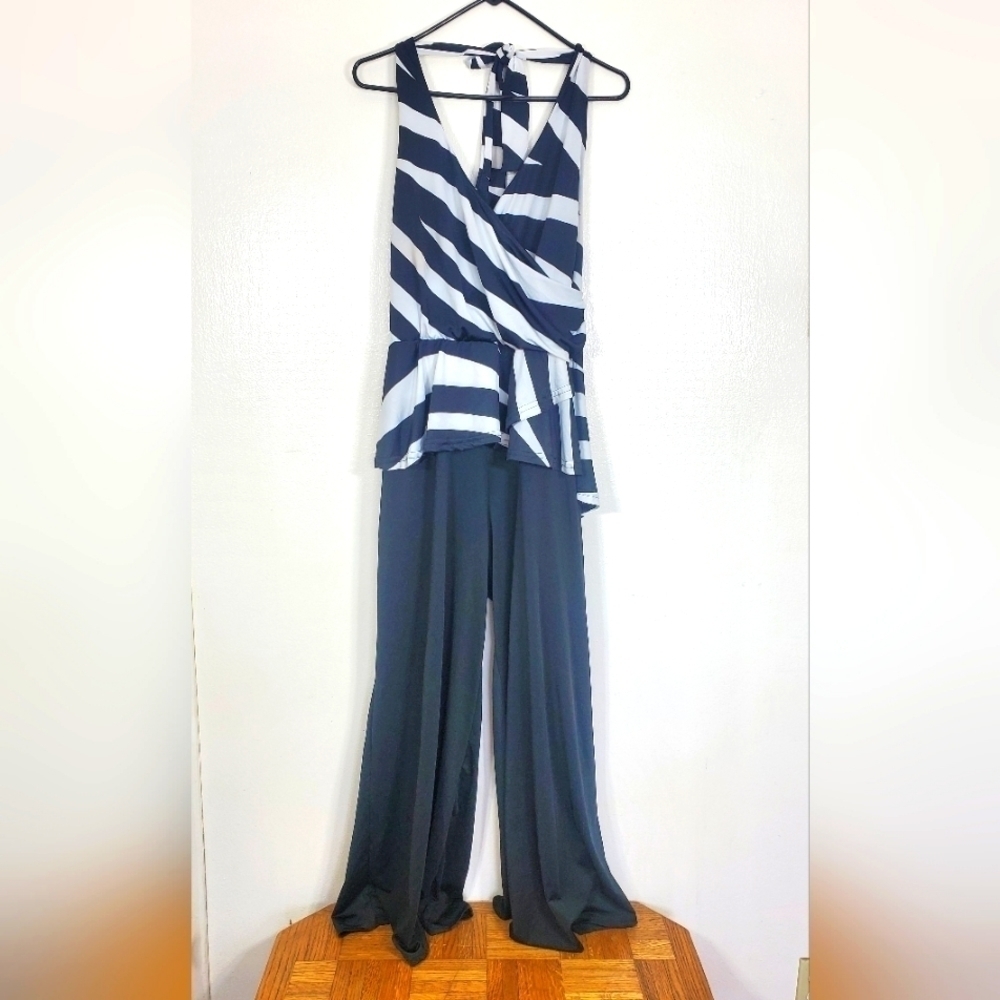 Lucy Diamonds Vintage Jumpsuit Halter Zebra Stripe Black White Wide Leg Size 2X